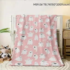 Halloween Ghost Pattern Knitted Blanket, Fun Asian Style Design, Comfortable Polyester Cover for Bed Sofa Chair, Perfect Gift