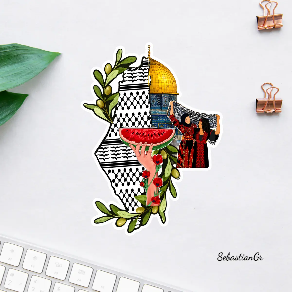 Palestine Culture Map Sticker, Dome of the Rock Art Decal, Keffiyeh Watermelon Olive Design