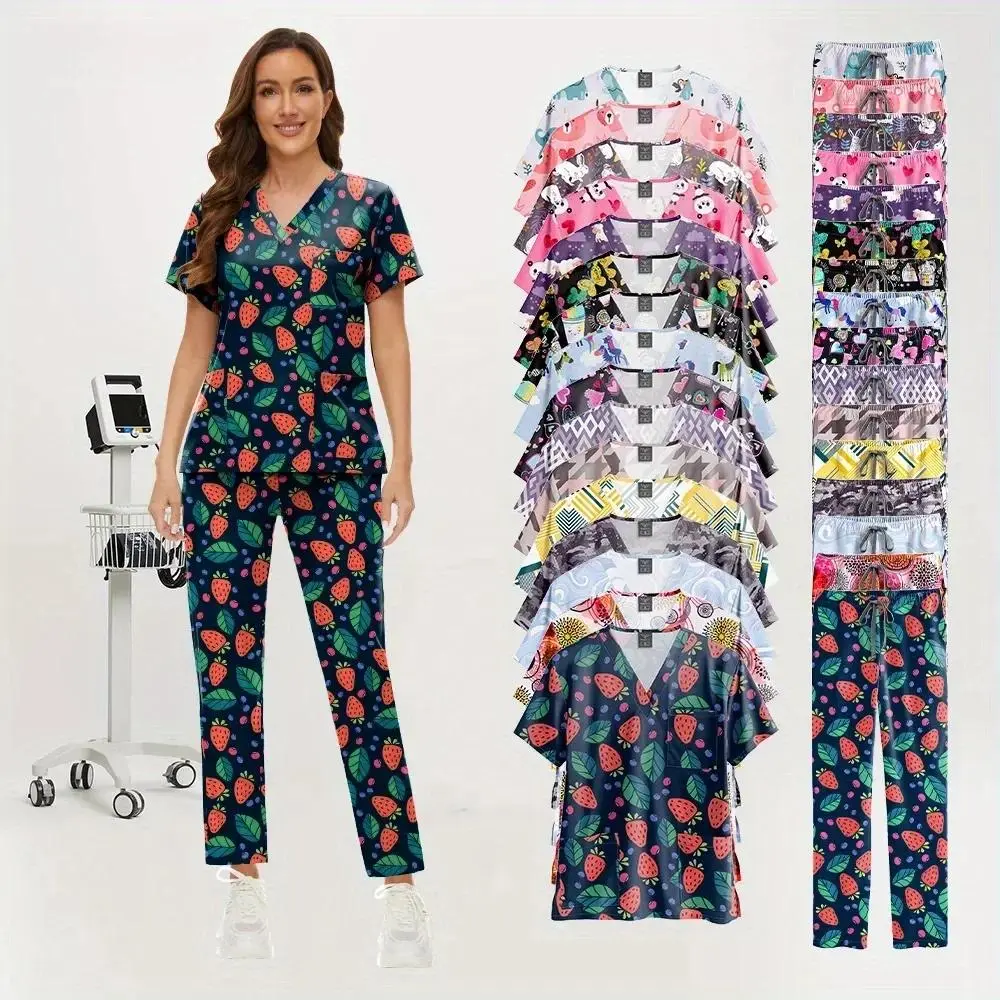 Printed Pet Grooming Doctor Workwear Set Nurse Uniform Work Clothes Short Sleeve Elastic Vet Set