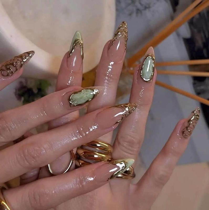 Prospera Nails - Gold Chrome Marble Press On Nails | Olive Green Stone Effect | Luxury Rich Girl Aesthetic | Long Almond Stiletto Fake Nails | Vacation, Gift