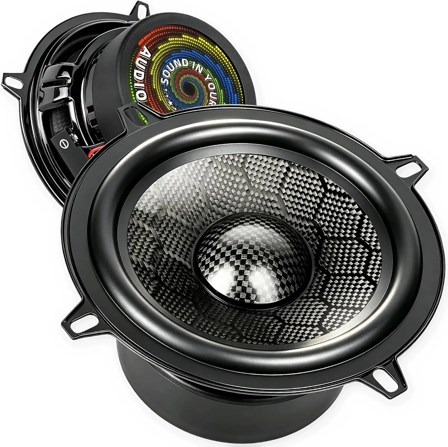 TANVSO CarbonForce 5.25-Inch Bass Boosted Car Speakers (2 Pack), 800W Peak 4 Ohm 5 1/4 MidBass Woofer, Honeycomb-Weave Carbon Fiber Cone, Carbon Fiber Dust Cap for Car Sound System & Motorcycle Audio, Bass Boosted Speaker