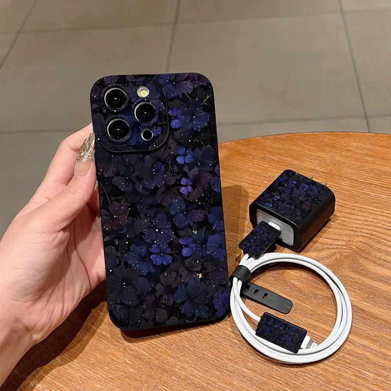 Glitter Flower iPhone Case Set, Includes Charger Cover & Cable Protector, Anti-Drop Tpu Shell for iPhone Models 6-16 Pro Max