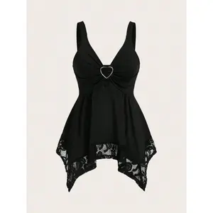Women Lace Decorated Heart Shaped And Floral Splicing Tank Top Y2K Outfit 