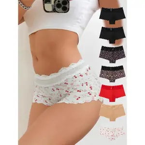 Women's Plain/All Over Print Contrast Lace Boyshorts, Cute Soft Comfy Breathable Pantie for Daily Wear, Underwear for All Seasons, Soft Comfy Panty
