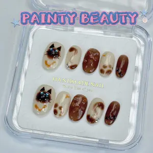 【A42】Almond shape Hand drawn cute Siamese cat handmade press on nails