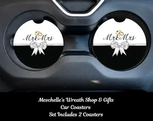 Wedding Car Coasters for Mr. & Mrs., 2-Pack Spill-Proof Sublimated Print Car Interior Accessory, Stylish Functional Item to Protect Cups, 2 Pack Size