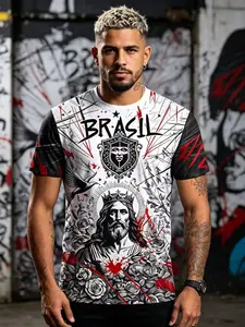 Men's Casual Short Sleeve T-Shirt, Design, Christ Image with Crown, Sporty Loose-Fit, All Seasons Fashion
