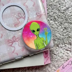 Trippy Green Alien Peace Sign MagSafe Phone Grip, Neon Rainbow Galaxy Griptok, Cute Outer Space Extra-Terrestrial Phone Stand, Cosmic Galaxy Phone Accessory, Unique Sci-Fi Fan Gift