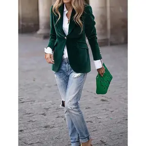 Women's Velvet Blazer - Elegant long sleeve jacket, slim fit formal Suit Womenswear Basic Chic
