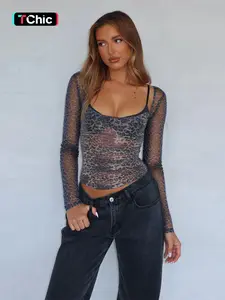 Women's Leopard Print Long Sleeve Top, Fashion Fitted Blouse for Spring & Fall, Stylish Animal Pattern Casual Wear Shirts