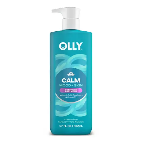 OLLY Calm Mood + Skin Antistress Body Wash & Cleanser, Nontoxic Beauty Hydrating Shower Gel for Normal Skin, with Hyaluronic Acid, Vitamin B3, Fresh and Clean Soothing Formula, 17 fl oz Shower Favorites Selfcare Product