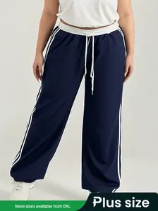 Plus Size Women's Casual Striped Straight Leg Pants, Elastic Waist Drawstring, Fashionable Side Stripe Design, Comfortable Fit