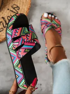 Women's Random Color Print Slip-On Sandals, Trending Sandals, Round Toe Thick Sole Summer Beach Shoes, Casual Waterproof Indoor Home Slippers, Footwear