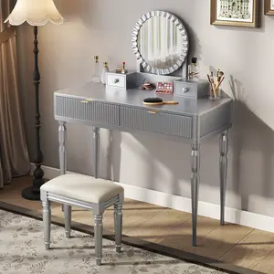 ARCH Luxury Vanity Desk with Round Mirror,Height-Adjustable, Stylish Dressing Table Set, 4 Drawers & Stool, Silver    RR