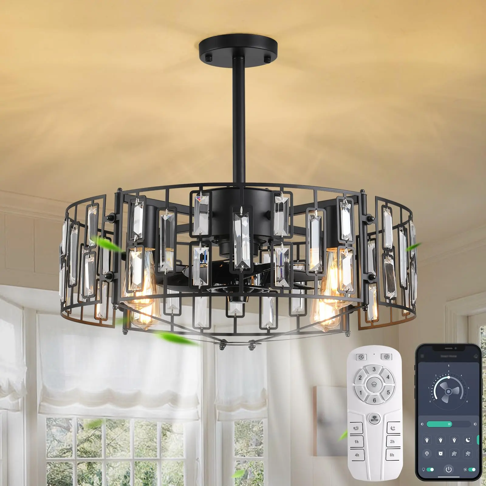 Garwarm 19.6in Crystal Caged Flush Mount Ceiling Fan with Light, Black Industrial Farmhouse Fan with 6-Speed Remote, 15W Quiet Motor, Auto Timer (1–4 Hours), Winter Updraft Flow for Kitchen, Bedroom