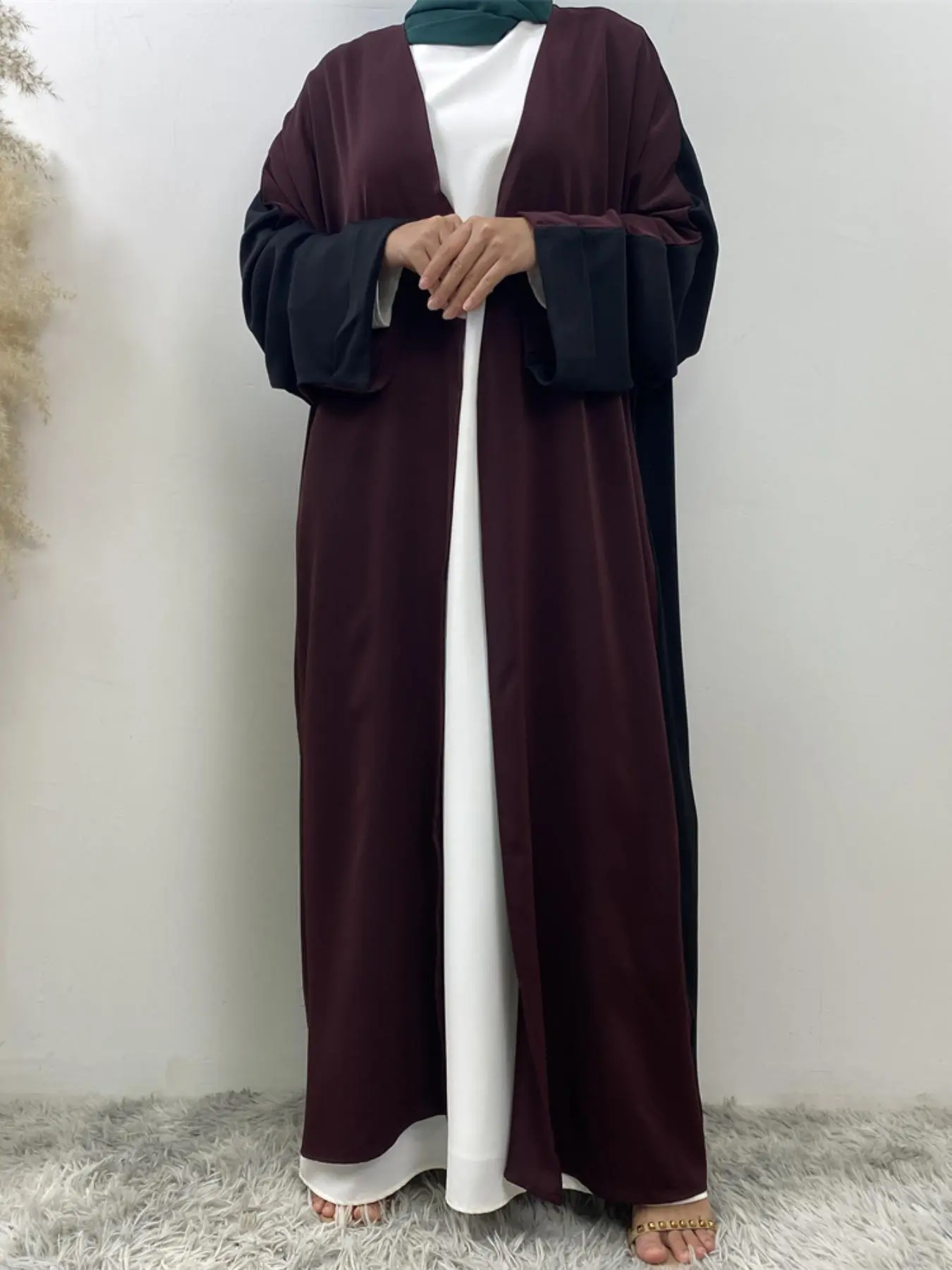 Women's Colorblock Batwing Sleeve Abaya, Modest Long Sleeve Open Front Abaya for Daily Wear, Women's Islamic Clothing for Spring & Fall