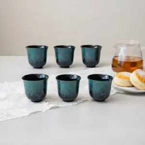 6pcs High-Grade Turquoise Glazed Ceramic Coffee Cup Set, Handmade Crackle Glaze Vintage Luxurious Home Office Tea Cup, 125ML/4.23oz Capacity Drinkware Teacup, Stylish Drinkware