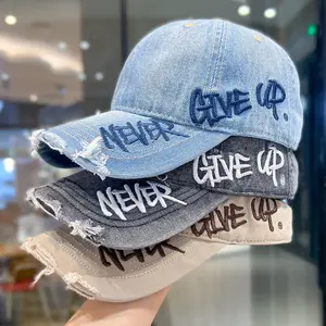 1-Pack Stylish Vintage Distressed Washed Blue Baseball Cap; Features Vintage Lettering Side Embroidery and a Distressed-Edge Brim Design; The Simple, Wide Brim Flatters Facial Contours for a Slimming Effect; Unisex, Versatile Style with an Adjustable Fit.