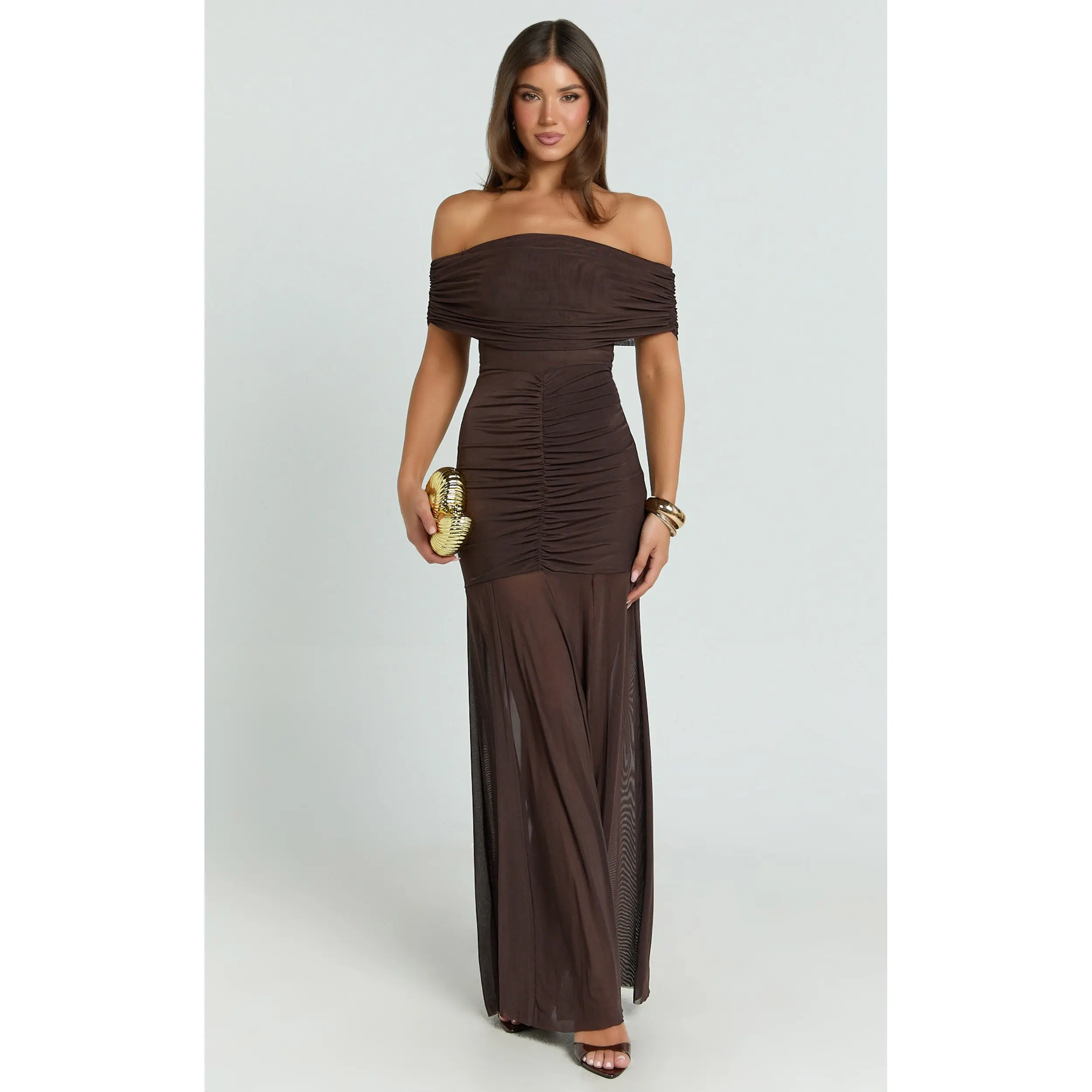 Alanna Maxi Dress - Off Shoulder Ruched Mesh Dress in Chocolate - TikTok  Shop