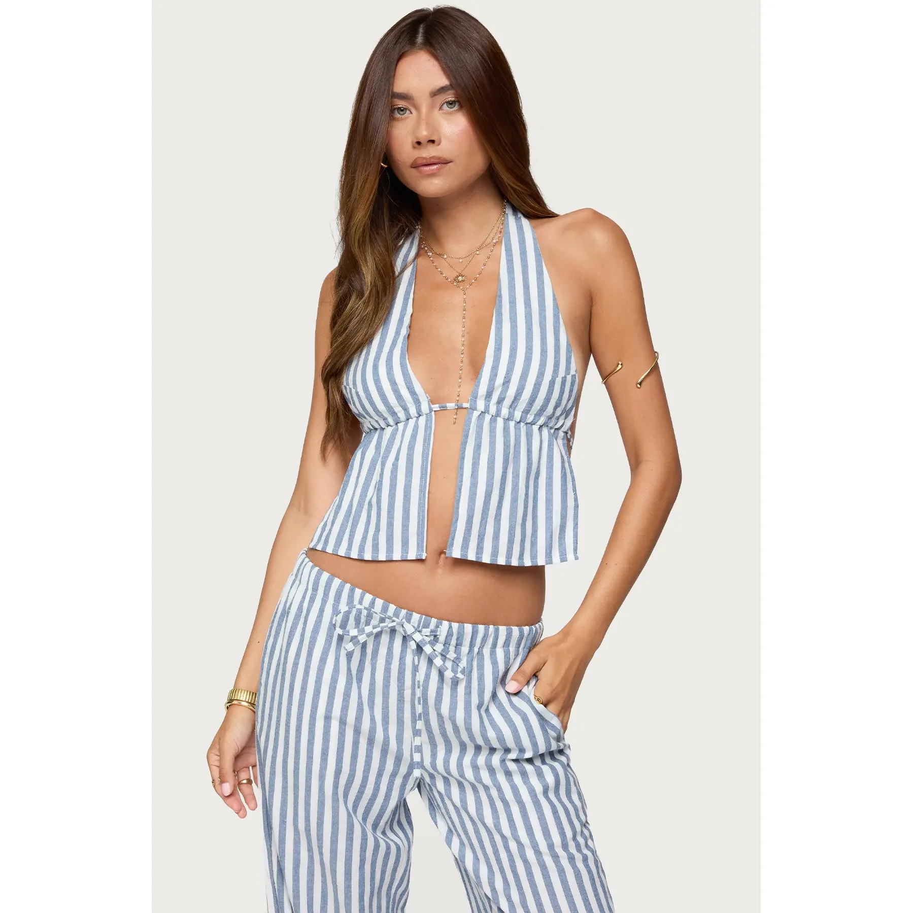 Macey Striped Split Front Backless Top