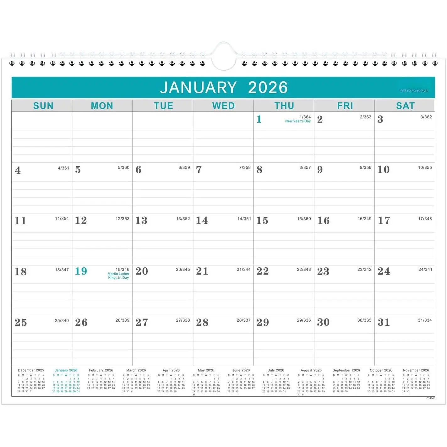 Calendar 2026, 12 Months from January 2026 to December 2026,11.5" x 14.6", with Julian Date