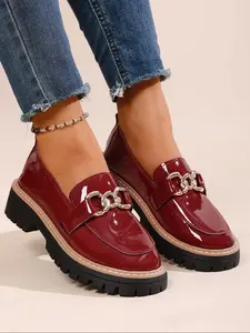 Women's Loafers - 2025 New Style for Spring & Autumn, with Metal Buckle, Patent Leather, British Style Leather Shoes, Chain Decorated Loafers