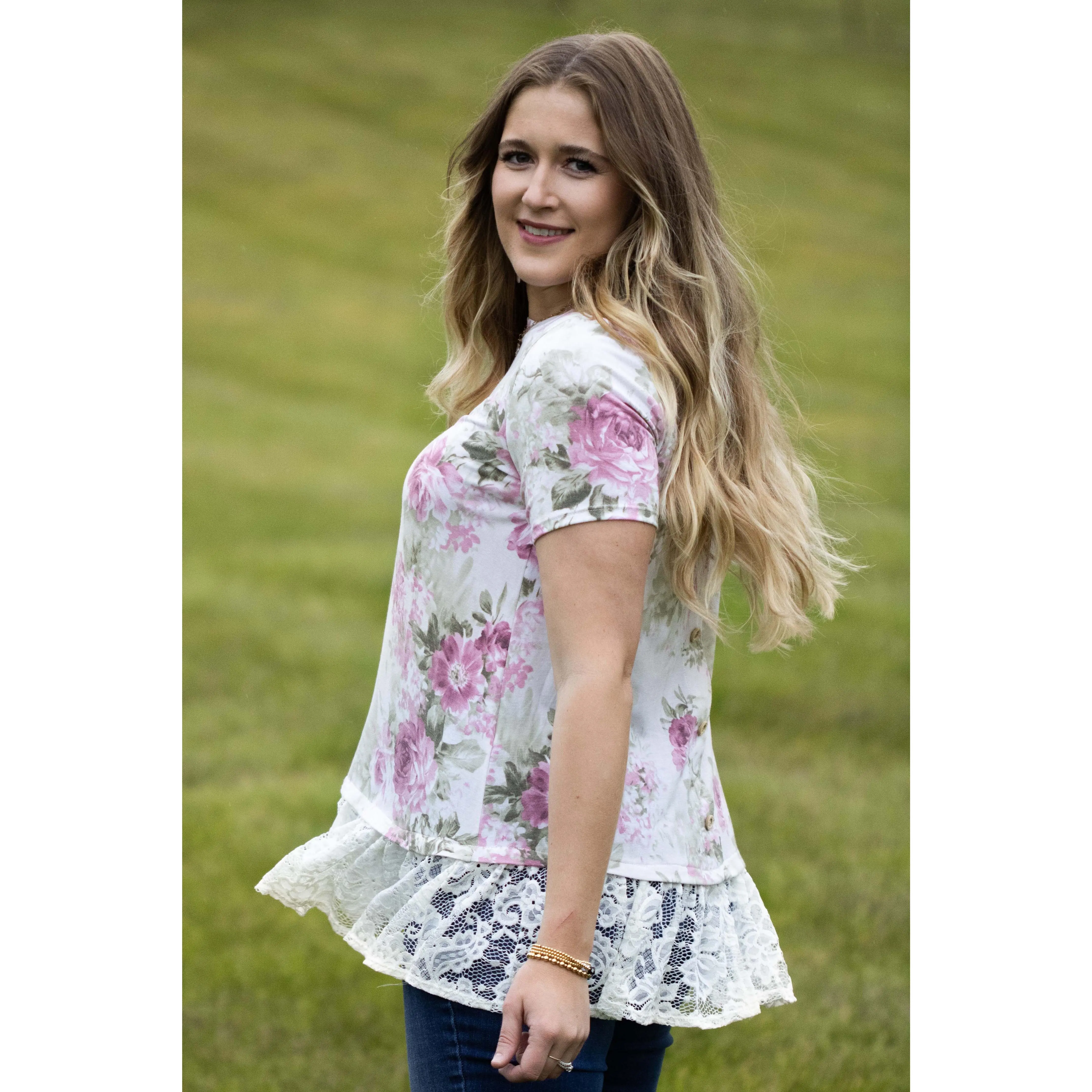 Sasha - White/Pink Button Down Lace Hem Detail Top
