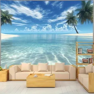 Large Tropical Beach Scenery Tapestry- 2D Flat Wall Hanging with Palm Trees& Crystal Clear Waters, Perfect for Bedroom& Living Room Decor, Fantasy Landscape Art- Includes Mounting Accessories, Beach Theme Decor, 2D Flat