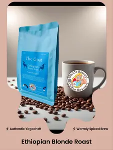 The Goat Ethiopian Blonde Roast 12 oz Organic Coffee Beans with Cinnamon Clove Hibiscus Lemon Pear Flavor Notes Medium Body Yirgacheff Heritage