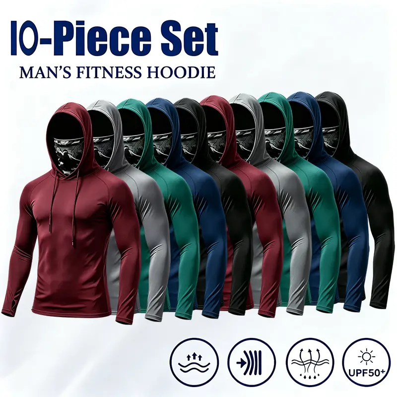 Men's 10-Pack UPF 50+ Plain Fitted Long-Sleeve T-Shirts - All-Season Polyester Athletic Shirts, Sweat-Wicking Sun-Proof, Weather-Resistant, Lightweight Breathable Quick-Dry Activewear with Built-In Mask for Fishing, Hiking, Athletic Shirt