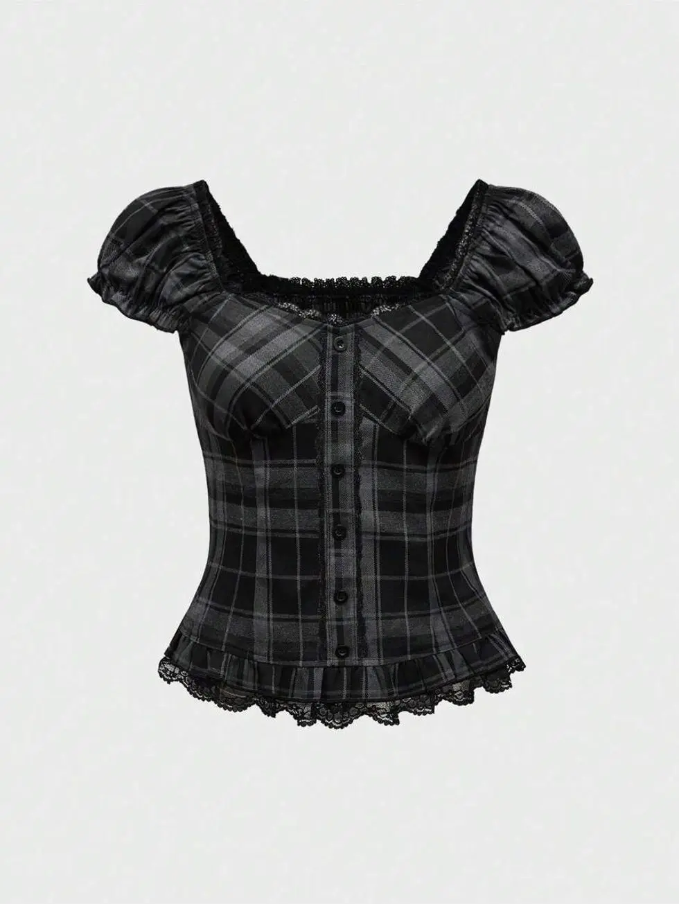 Women's Plaid Corset Blouse Puff Sleeve Lace Trim Vintage Style Fitted Top for Casual Parties