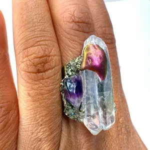 Crystal Quartz / Pyrite / Amethyst Adjustable Ring