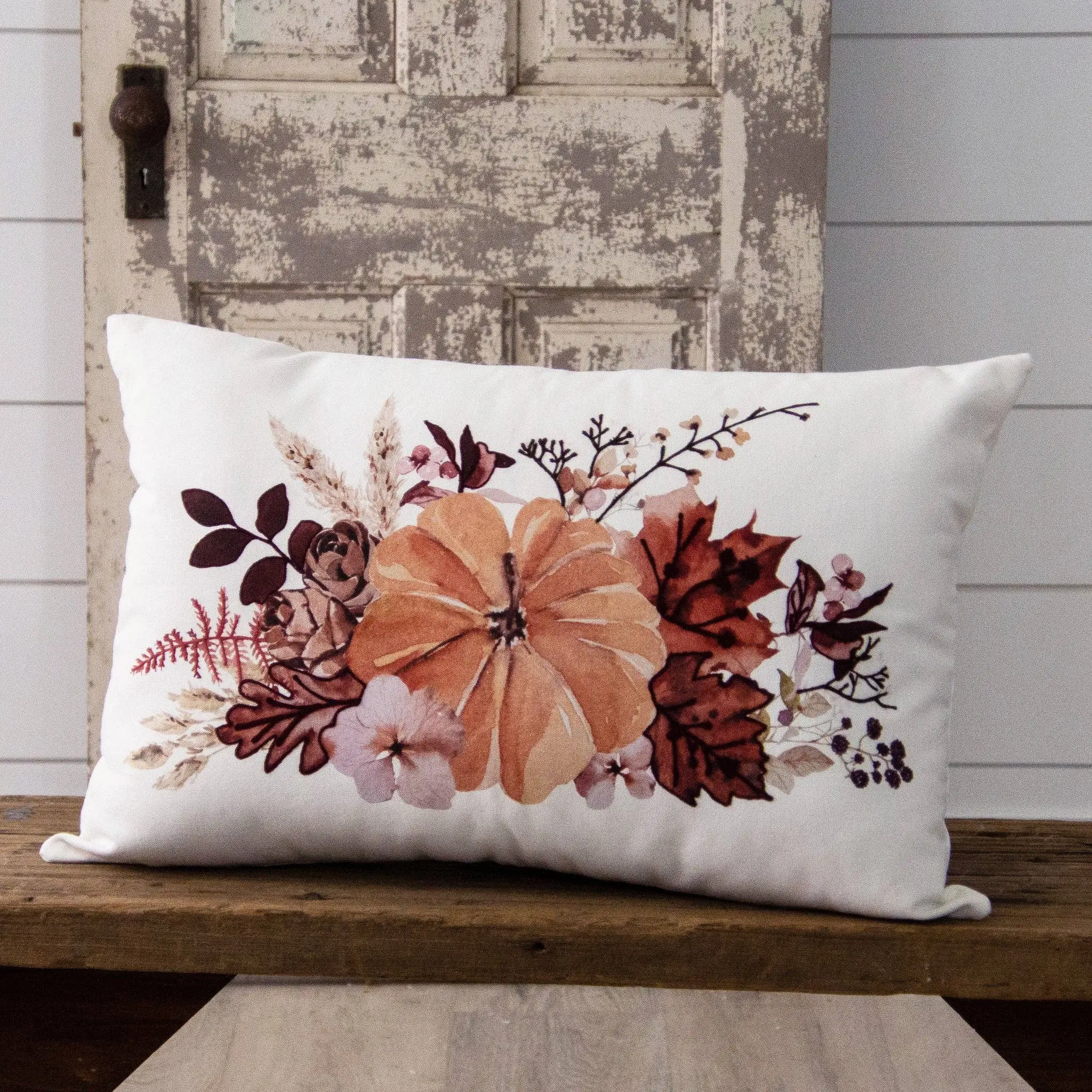 Floral Pumpkins & Foliage Print Pillow, Home Fabric Cover for Indoor Use, Room & House Decor Accent, Room Decor