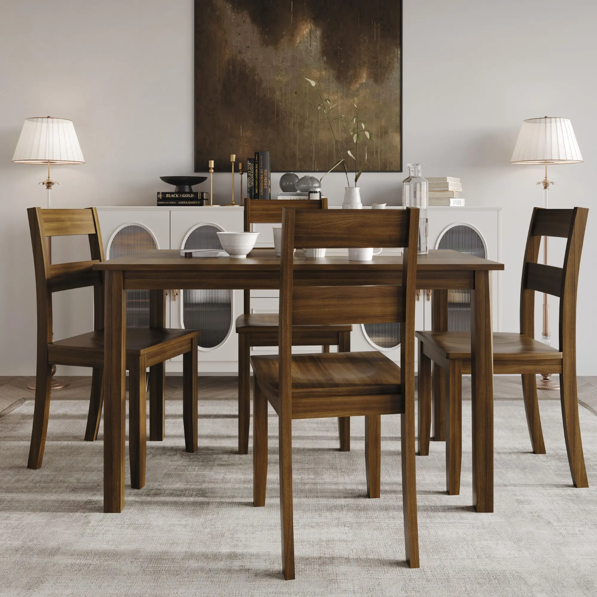 Nome Indoor Dining Set, Rectangular Table with 4 Dining Chairs, Ladder Back Design, Natural Grain Finish Nome Indoor Dining Set, Rectangular Table with 4 Dining Chairs, Ladder Back Design, Natural Grain Finish