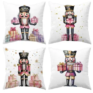 Jit Christmas Theme Pillow Covers Set of 4, Featuring Christmas Gifts, Nutcracker, Snowflake Designs, Cozy Decorative Cushion Covers for Sofa and Bedroom