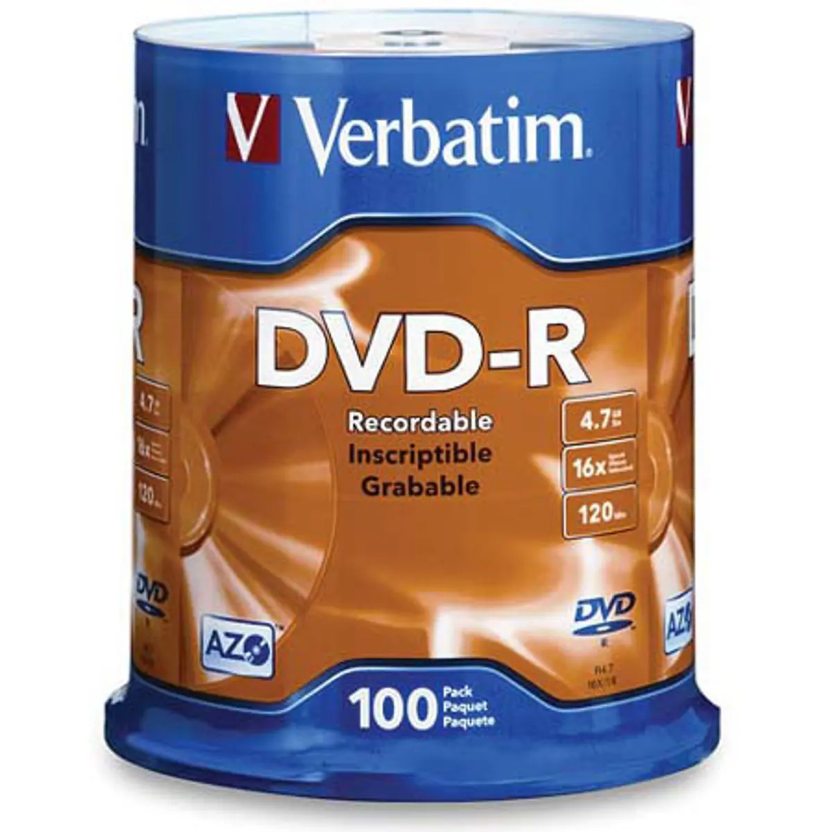 Verbatim DVD-R Discs - 4.7 GB, 16x Recordable, Branded 100-Count Spindle Pack, Round