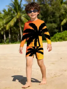 Boys' long-sleeve + shorts swimsuit set, orange-yellow and black palm tree print, casual, sporty and fashionable trendy print. Waterproof, sun-protective, stretchy swimsuit, children's clothing set for summer beach vacations in spring and summer.