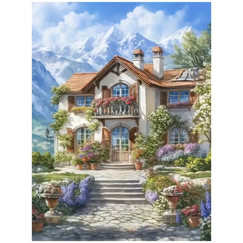 Beautiful Mountain Villa With Colorful Flowers Stone Steps Path And Snowy Peaks Art Painting Diamond Painting 5D DIY Diamond Painting Kit Full Drill Square Round Diamonds Embroidery Art Craft Home Wall Decor Unique Gift Handmade Decorative Painting Set