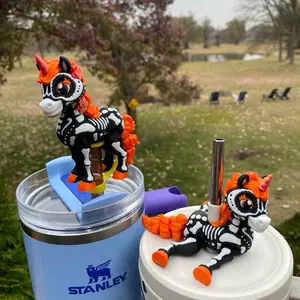Sugar Skull Spooky Skeleton Unicorn Pony Horse Articulated Straw Toppers and Charms for Stanley Tumbers & 9.5mm Straws with Durable PLA Design - Stylish, Beverage
