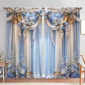 Floral & Gold Trim Pattern Door Curtain, 1 Set Romantic Door Curtain with Rod, Home Decor for Living Room Bedroom Wedding Party, Home Decoration Curtain