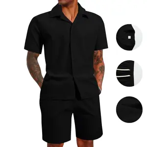 Men's Summer Short Sleeve Shirt Shorts Set, Solid Color Casual Two-Piece Set