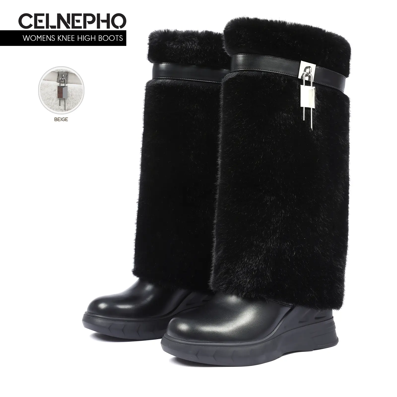 CELNEPHO Womens Knee High Boots Round Toe Faux Fur Snow Boot Platform Wedge Heel Trim Padlock Design Warm Cozy Comfy Fold Over Booties Easy Pull on Work Date Casual Gift Outdoor Party Trendy Dress Shoes