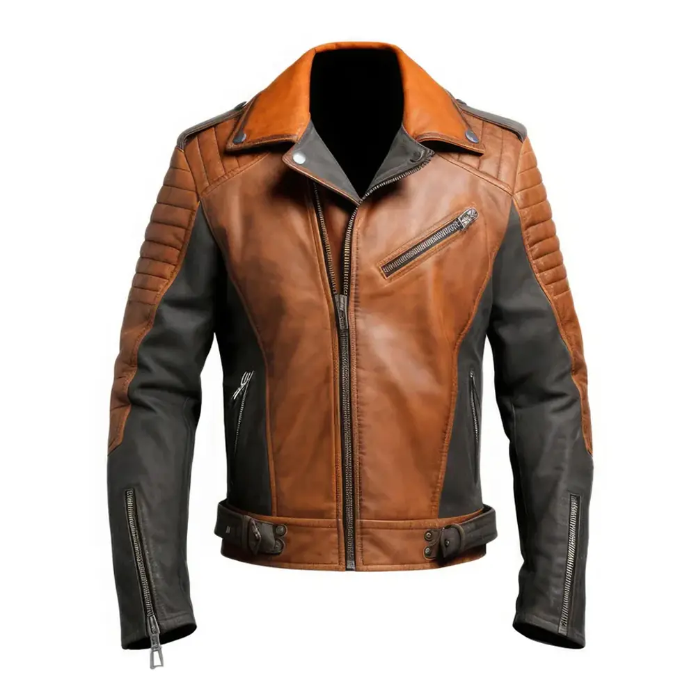 Men's Brown Quilted Moto Genuine Sheepskin Men's Leather Jacket Distressed by Hide Crafts