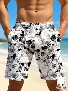 Men's Quick-Dry Shorts, Full Skull Head 3D Print, Lightweight Drawstring Beach Pocket Shorts, Suitable for Surfing, Swimming, Vacation