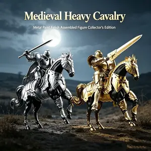 Self-Assembly Medieval Heavy Armor Cavalry Set, Gold and Silver Color Knights, Epic Battlefield Atmosphere, Desktop Collectible Figurines
