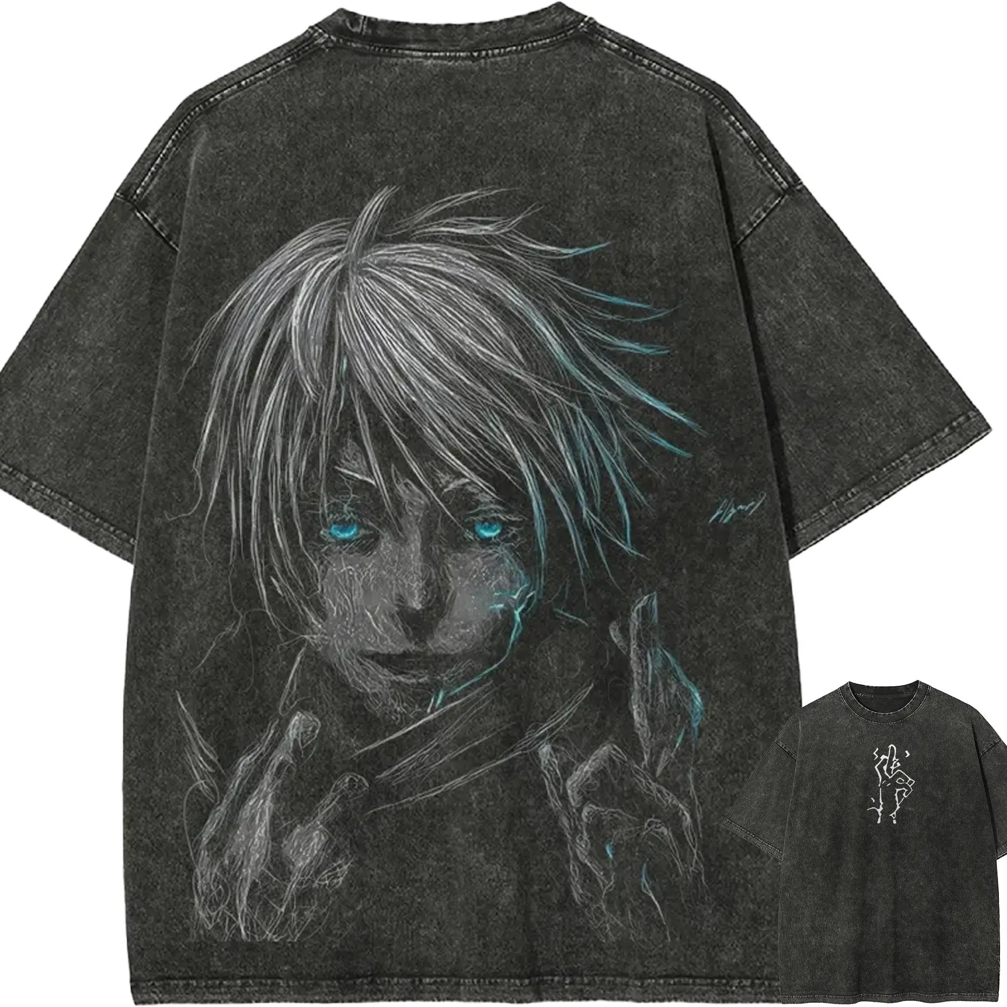 Men's Jujutsu Kaisen Gojo Satoru 6 Eyes Cotton Casual T-Shirt - Short Sleeve, Vintage Washed, Loose-Fitting, Round Neck, Distressed, All-Season Anime Harajuku Streetwear Menswear Clothes Top (Cartoon Tshirt)
