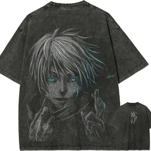 Gojo Satoru Six Eyes T-shirt Jujutsu Kaisen Blue Glow Tee Vintage Washed Oversized Retro Anime Harajuku Men Streetwear Clothes