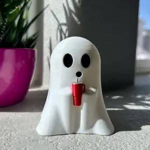 Cute Ghost Holding A Cup + Hat | Home Decor | 3D Printed