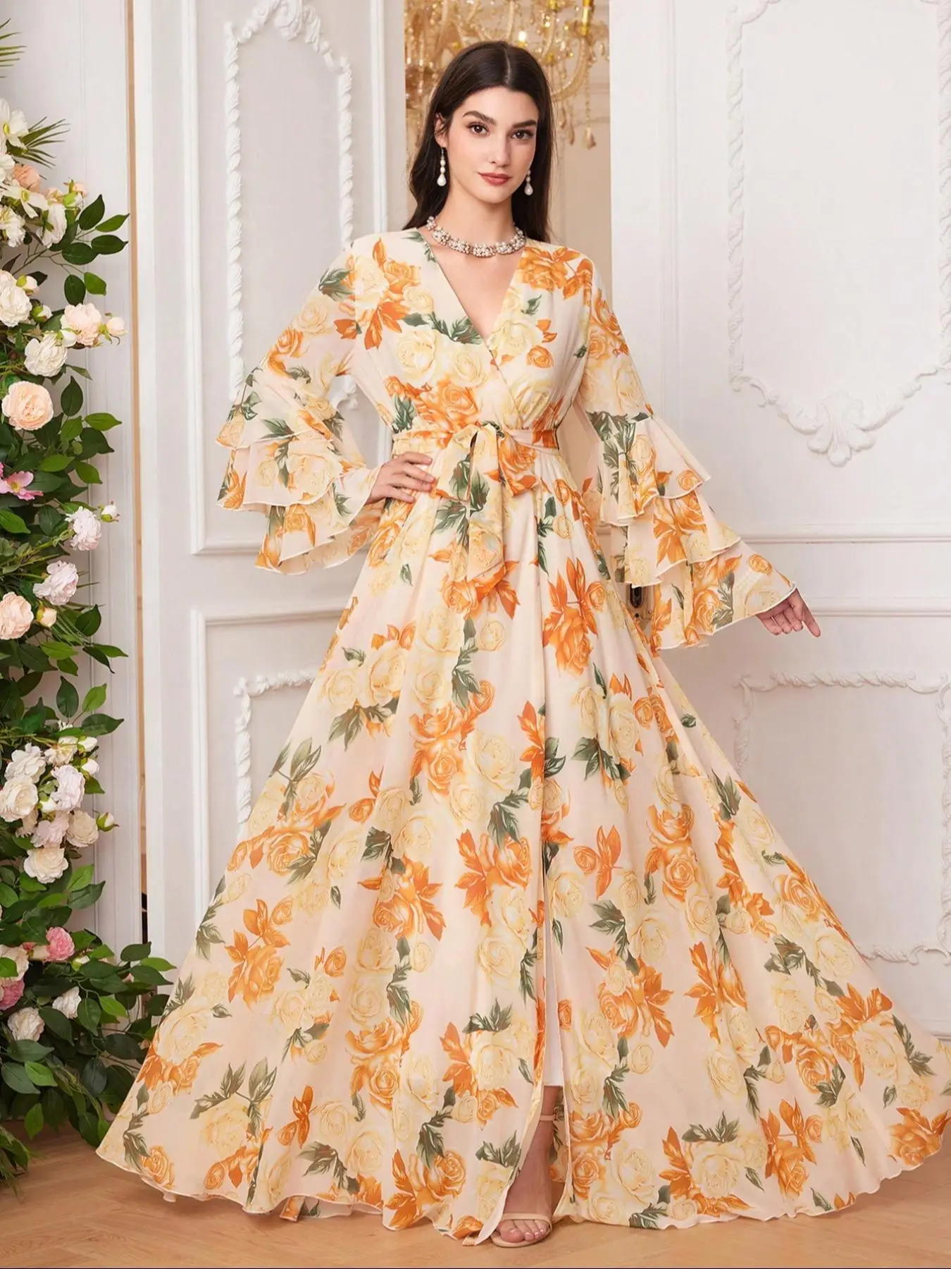 Women's Floral Print V Neck Arabian Dress, Modest Elegant Long Sleeve Dress for Spring & Fall, Women's Islamic Clothing for Daily Wear