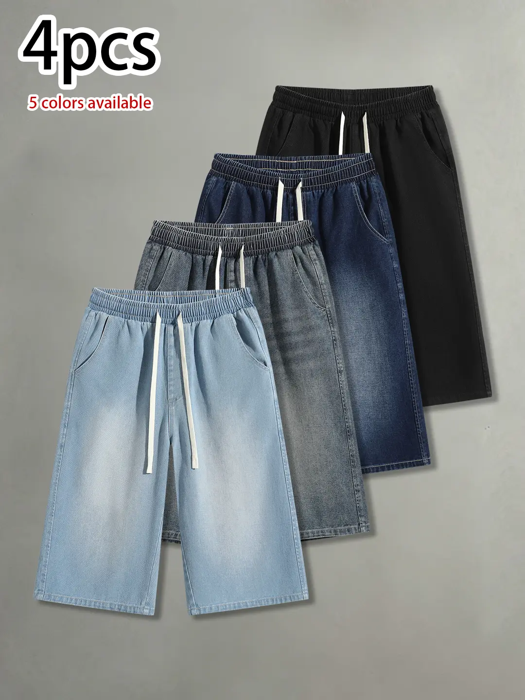 Pack of 4: men’s summer vintage washed distressed denim capris with a drawstring elastic waistband—comfortable, versatile capris with a loose fit suitable for street, everyday casual wear, and sports.summervibes